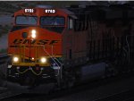 Zoom in shot  of BNSF 6752 as she rolls west leading a Z Train towards LA.